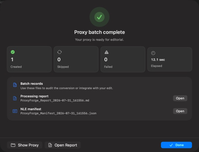 ProxyForge completion summary with batch metrics, report, manifest, and Finder actions