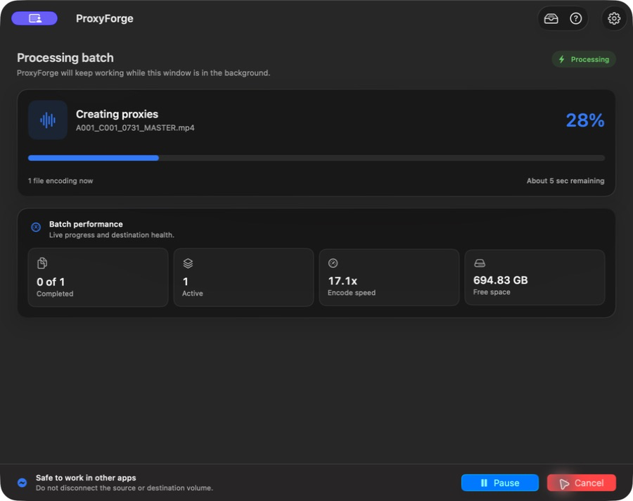 ProxyForge processing dashboard with progress, encode speed, active files, and destination free space