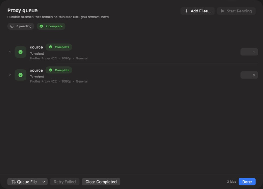 ProxyForge persistent queue showing completed jobs and queue management controls