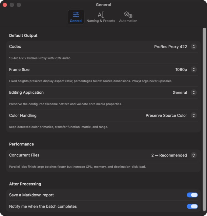 ProxyForge settings organized into General, Naming and Presets, and Automation tabs
